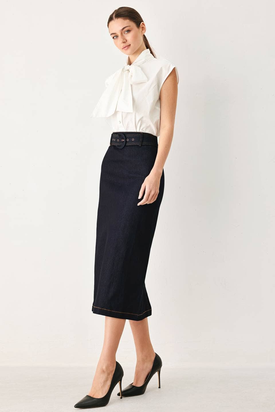 A denim mini pencil skirt
