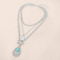 Turquoise Stone Accent Textured Metal Teardrop Toggle Pendant Coin Charm Necklace