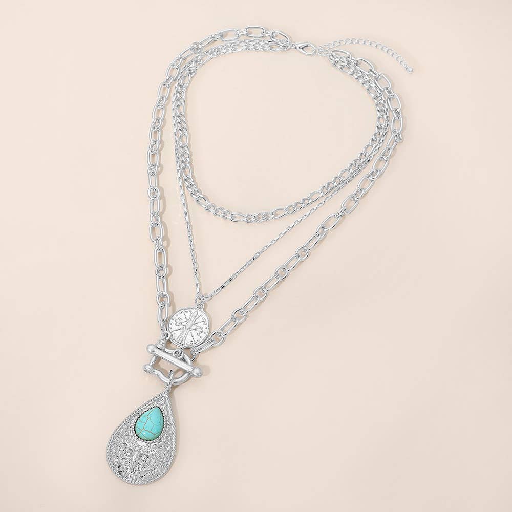 Turquoise Stone Accent Textured Metal Teardrop Toggle Pendant Coin Charm Necklace
