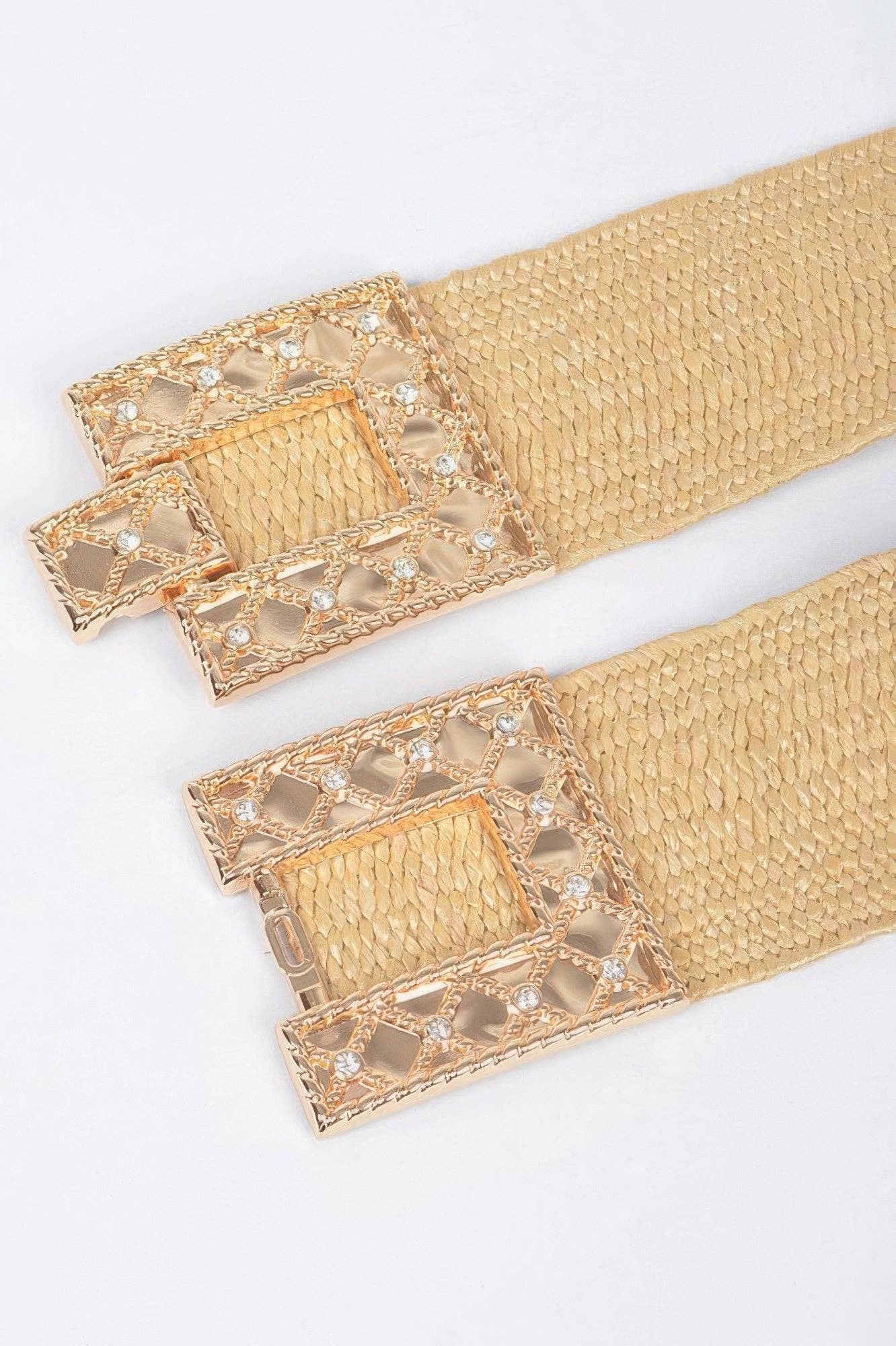 Rhinestone Buckle Stretch Straw Belt