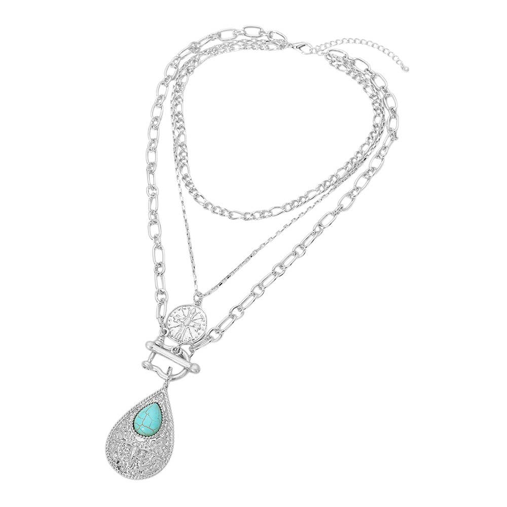 Turquoise Stone Accent Textured Metal Teardrop Toggle Pendant Coin Charm Necklace