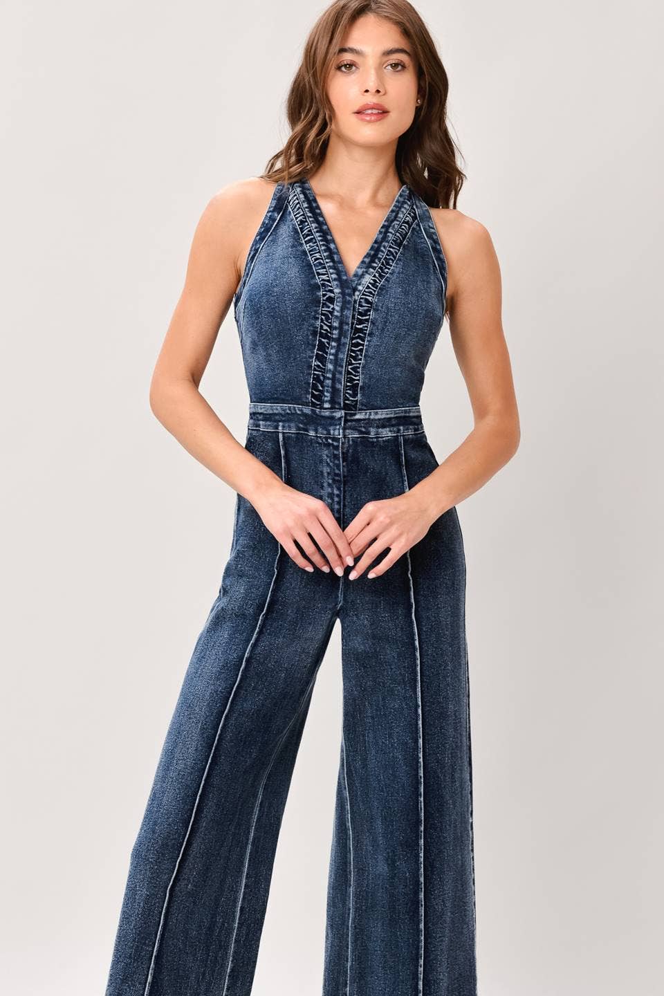 A washed denim jumpsuit